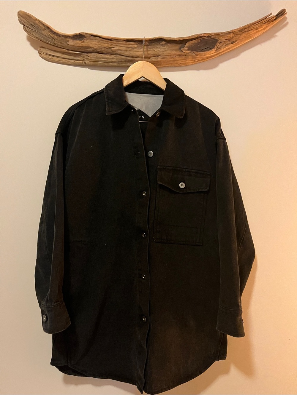 KOTN Unisex Black Long Denim Button-Front Shirt Jacket